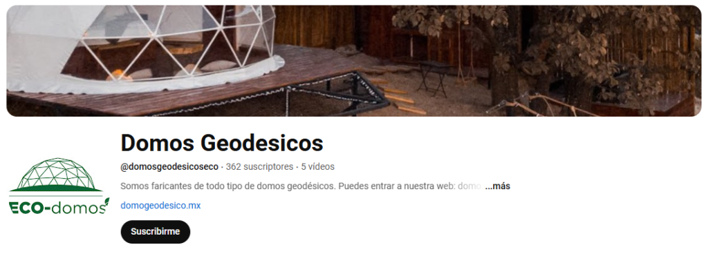 Captura de pantalla mostrando el título del canal de YouTube @domosgeodesicoseco, especializado en domos geodésicos y sostenibilidad.