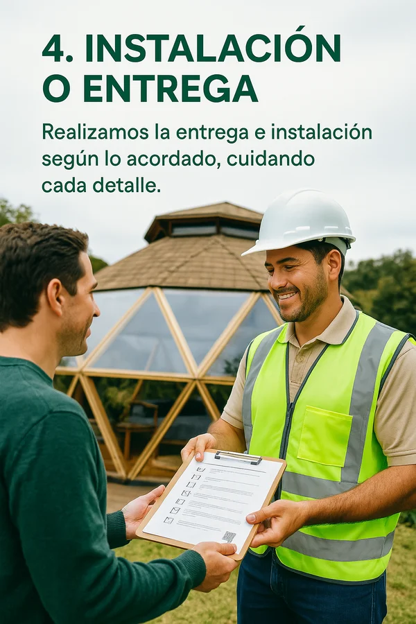 Esta imagen explica el cuarto paso del proceso de compra y cotización deun domo geodésico el cual es. Instalacoón o Entrega En el realizamos la entrega e instalación del domo cuidado los detalles importantes para que quede satisfecho con el servicio.