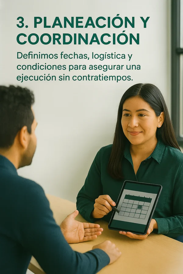 Esta imagen explica el paso 3 para cotizar un domo geodesico en venta o renta y el tercer paso es: Planeación y coordinación Donde al cliente organizamos para definir las fechas, la logistica y las condiciones que tendra el servicio para asegurar una ejecucion efectiva.